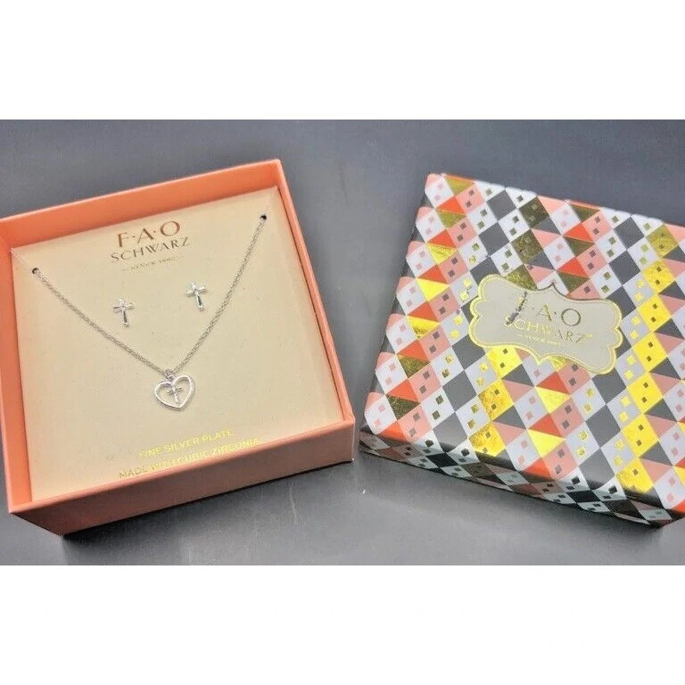 FAO Schwarz Childrens Cross Heart Necklace & Earrings Set Fine Silver Plate Gift